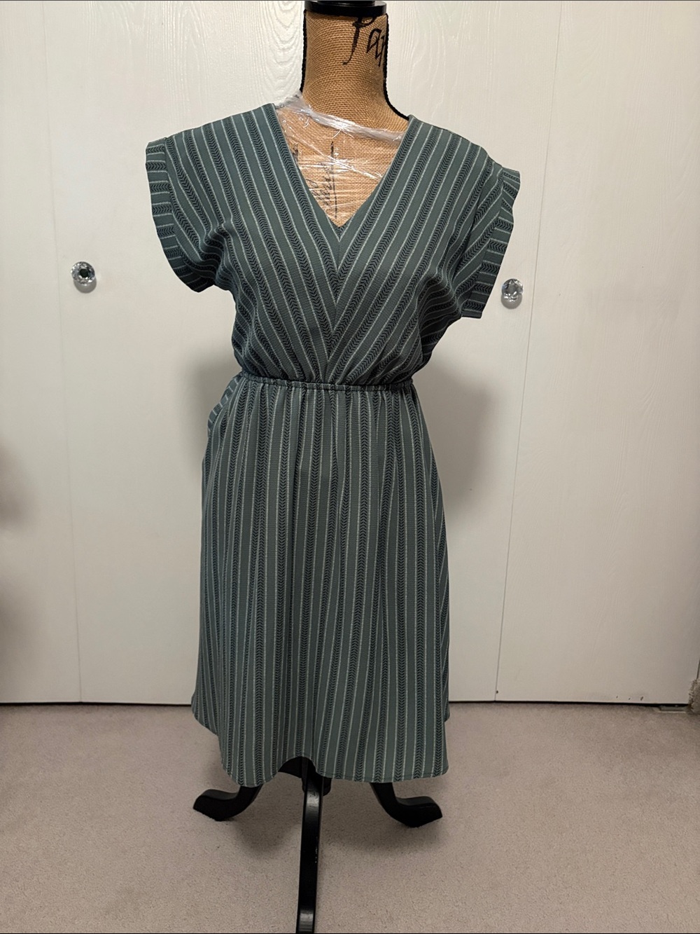 Striped V-Neck Midi Dress in Sage Green